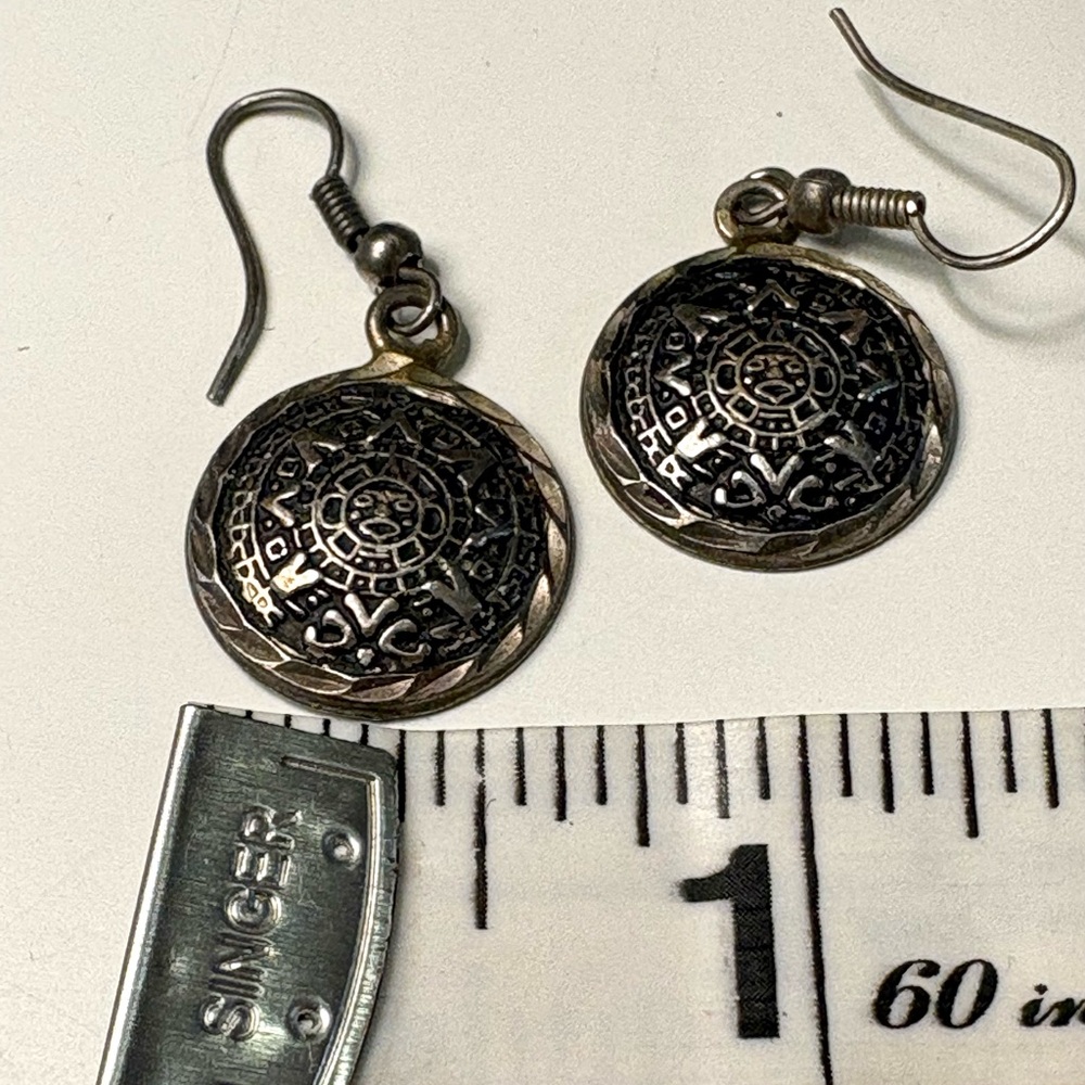 Vintage Aztec Calendar Style Dangle Earrings Silver Tone Boho - Picture 5 of 5